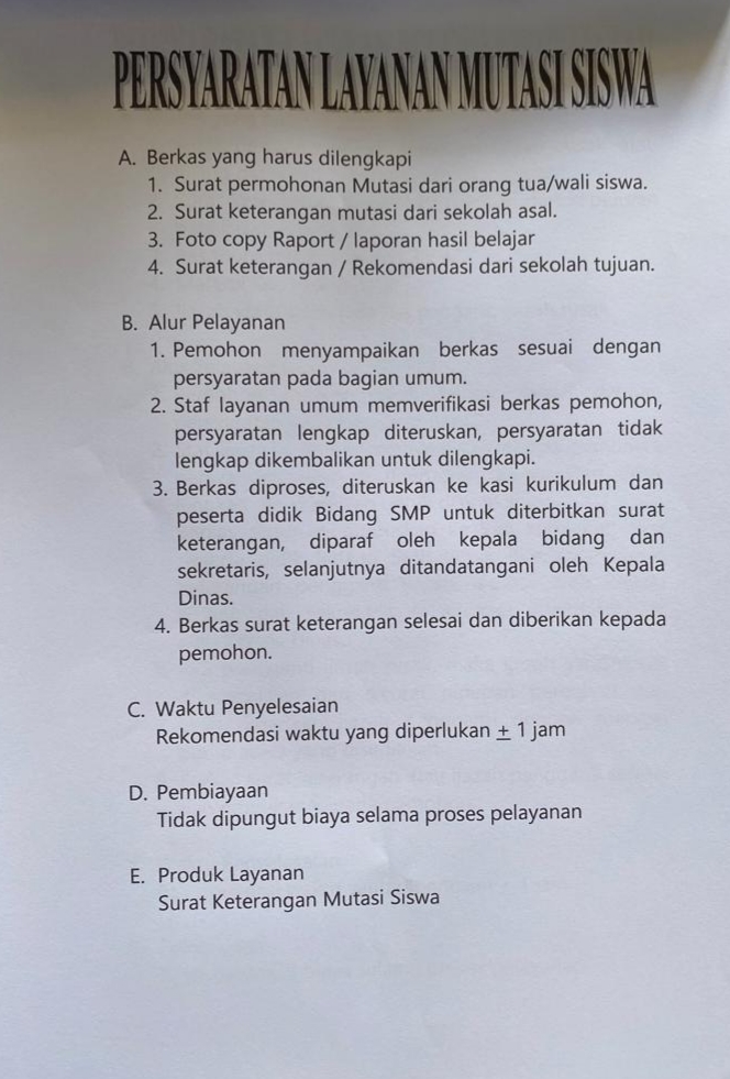 PERSYARATAN LAYANAN MUTASI SISWA