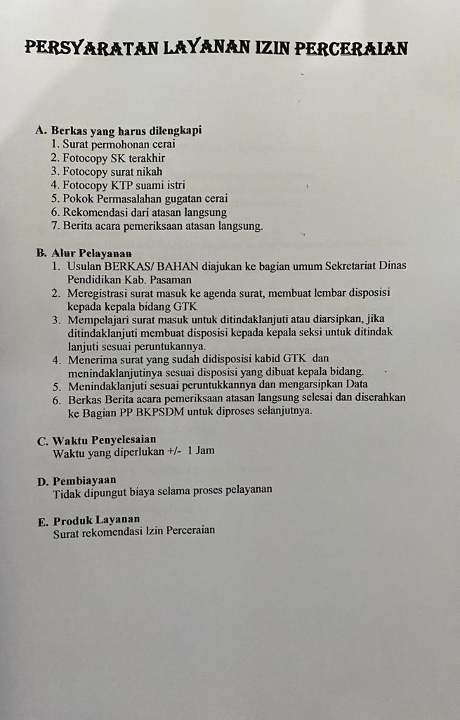 Persyaratan  Layanan Izin Perceraian