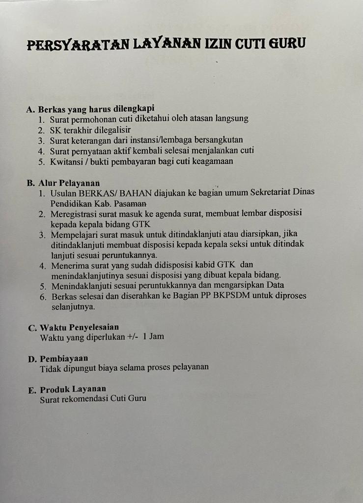 Persyaratan  Layanan Izin Cuti Guru