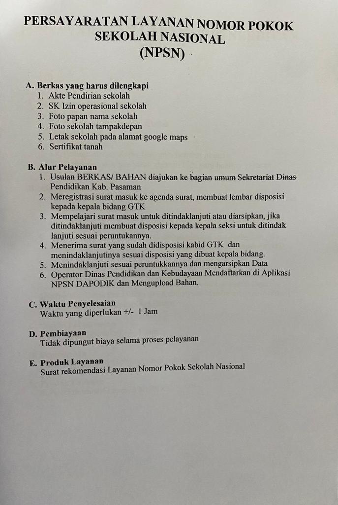 Persayaratan  Layanan Nomor Pokok Sekolah Nasional (NPSN)