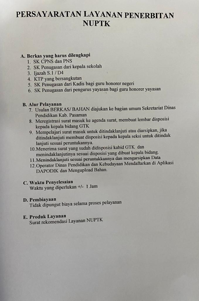 Persayaratan  Layanan Penerbitan NUPTK