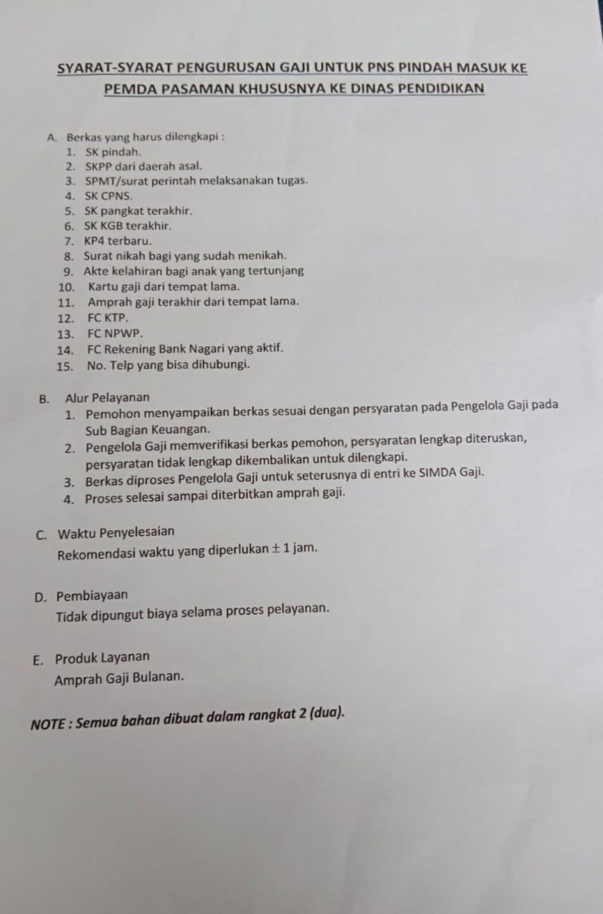 SYARAT-SYARAT PENGURUSAN GAJI UNTUK PNS PINDAH MASUK KE PEMDA PASAMAN KHUSUSNYA KE DINAS PENDIDIKAN